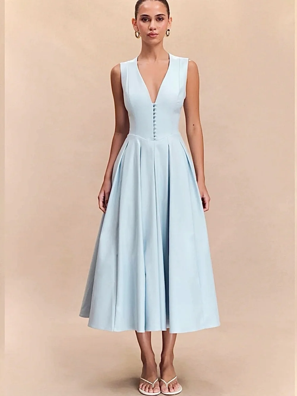 knee length dresses for ladies Elias Shirred Cotton Midi Dress / White | Meshki main image 0
